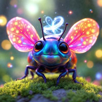 The primary subject of the image is a colorful, rainbow-colored butterfly with blue eyes. The butterfly is sitting on a grassy surface, which serves as the setting for the scene. The visual style of the image is digital art, as it appears to be a computer-generated or digitally edited image. The dominant colors in the image are blue, green, and pink, creating a vibrant and lively atmosphere.